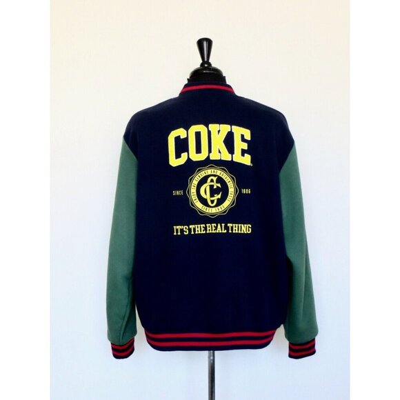 NEW! Coca-Cola by Staples Varsity Jacket Embroidery Blue Green Unisex SZ XL - Picture 1 of 9